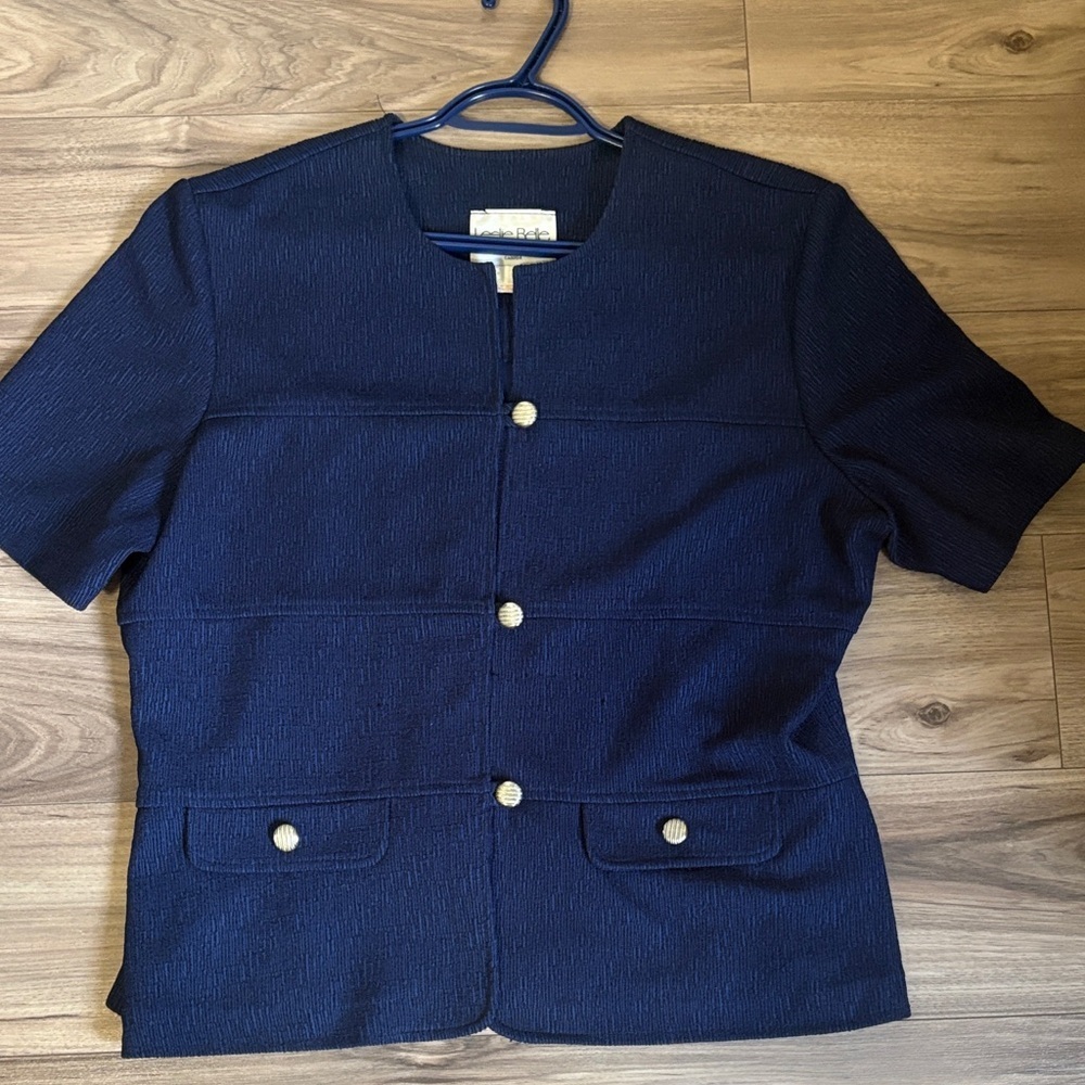 Vintage Leslie Belle Navy Blouse with Gold Buttons - Picture 3 of 5